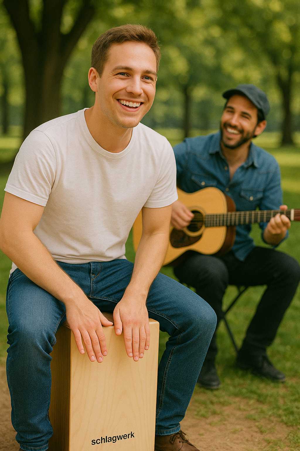 Schlagwerk Cajon kaufen – Live Demo im Park mit Gitarrist