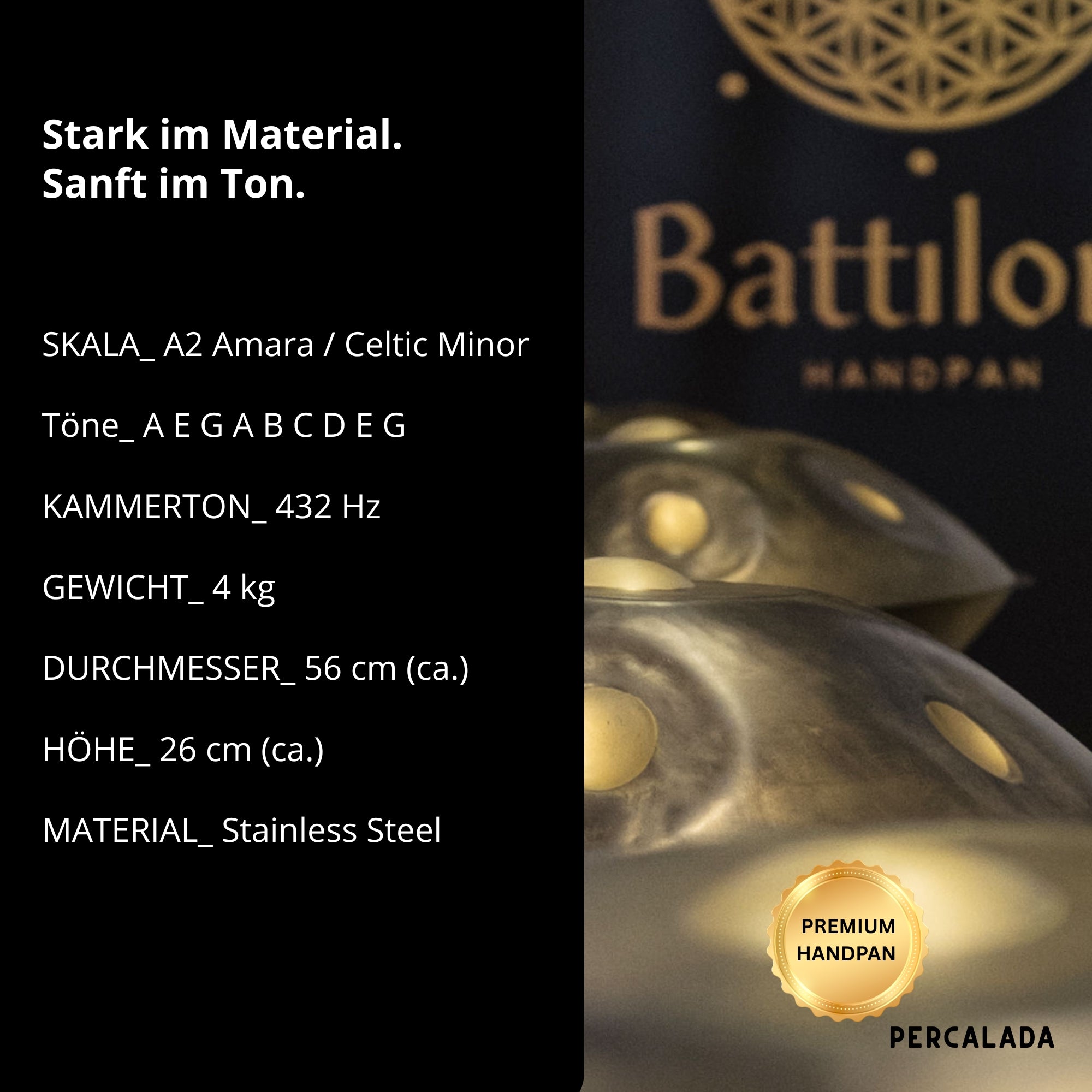 Battiloro Noreia – Handpan A2 Celtic Minor (Amara), 432 Hz Edelstahl, handgefertigt in Italien