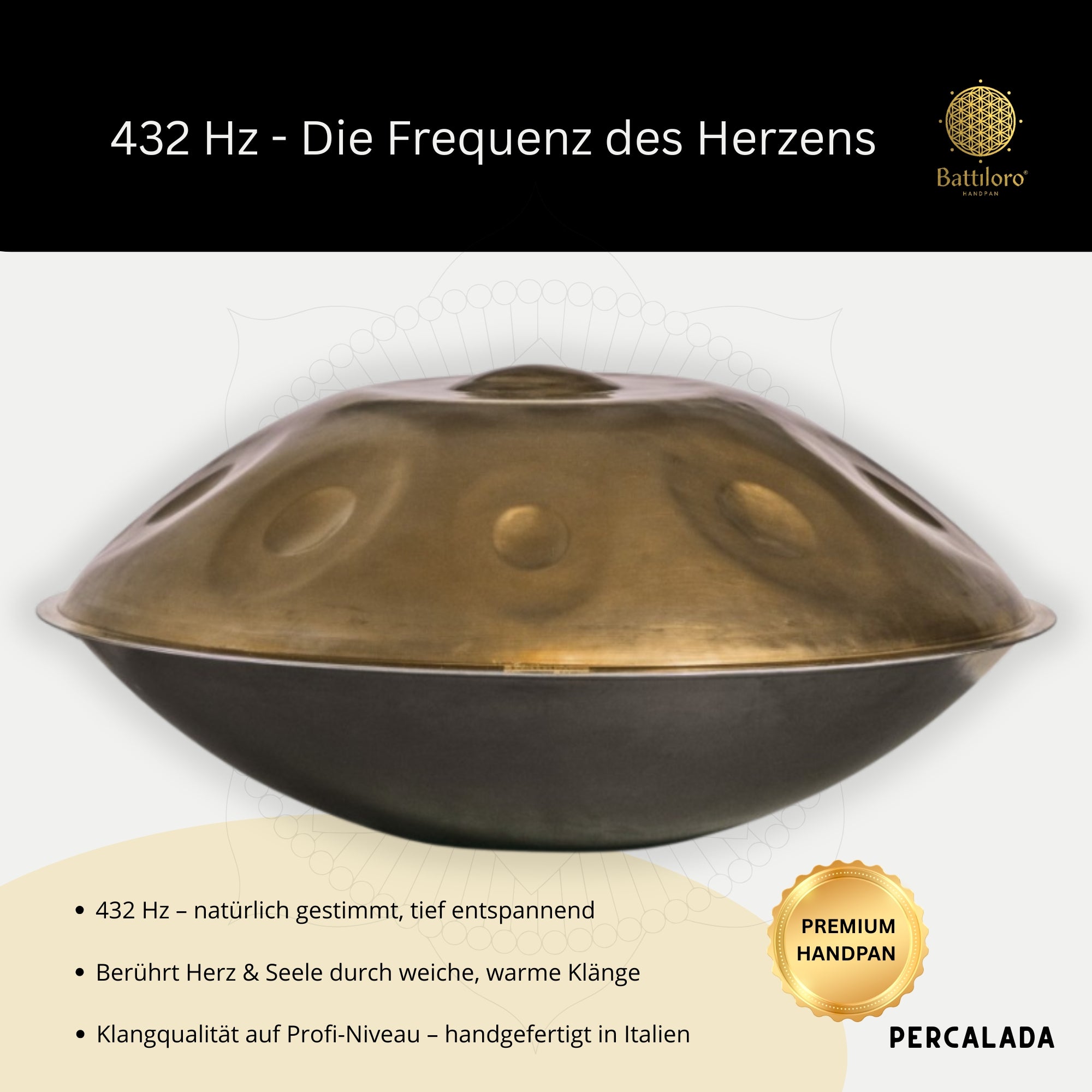 Battiloro Noreia – Handpan A2 Celtic Minor (Amara), 432 Hz Edelstahl, handgefertigt in Italien