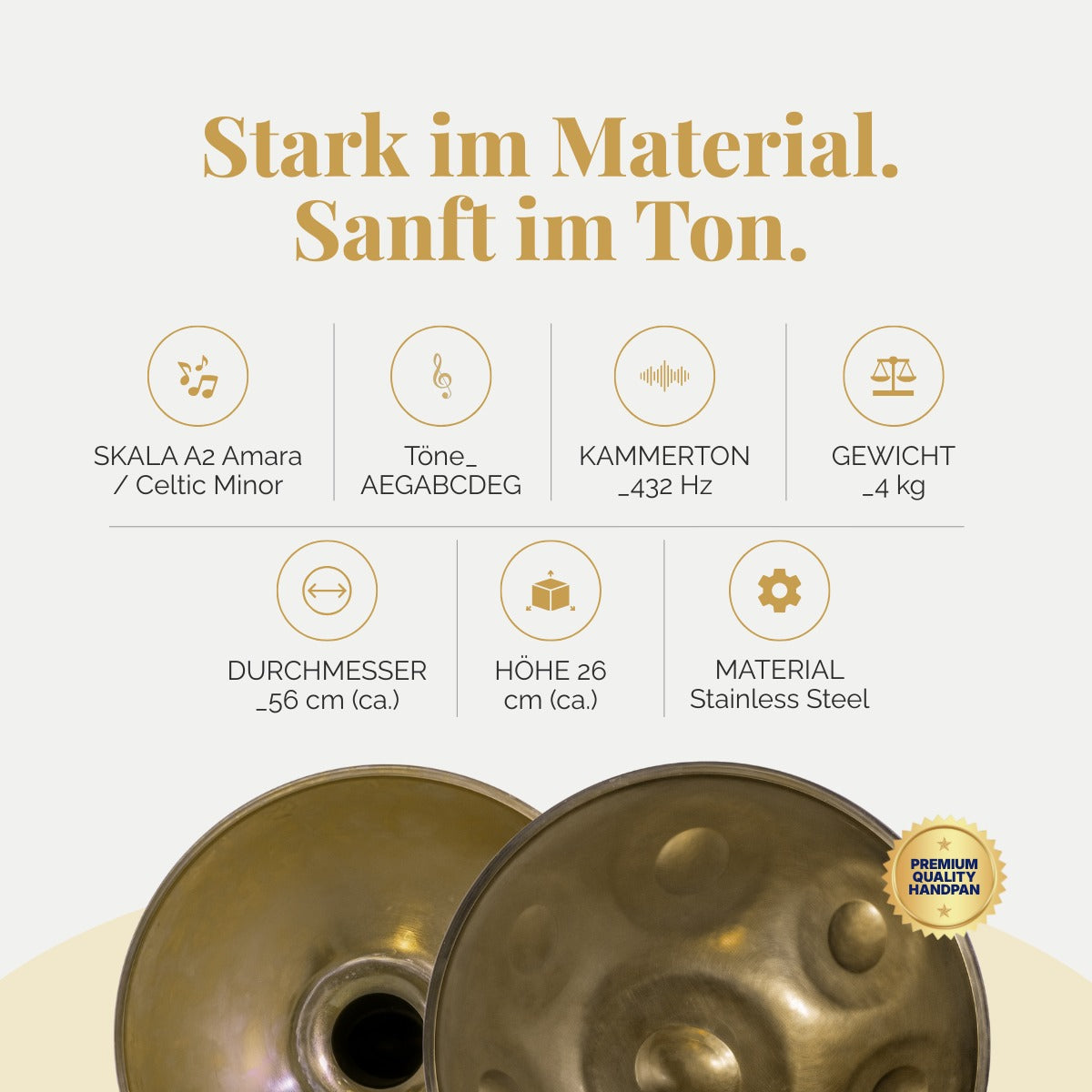 Battiloro Noreia – Handpan A2 Celtic Minor (Amara), 432 Hz Edelstahl, handgefertigt in Italien